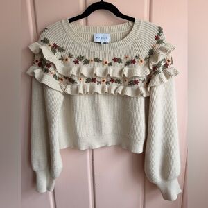 MARBLE Cream Floral Ruffle Sweater SzM